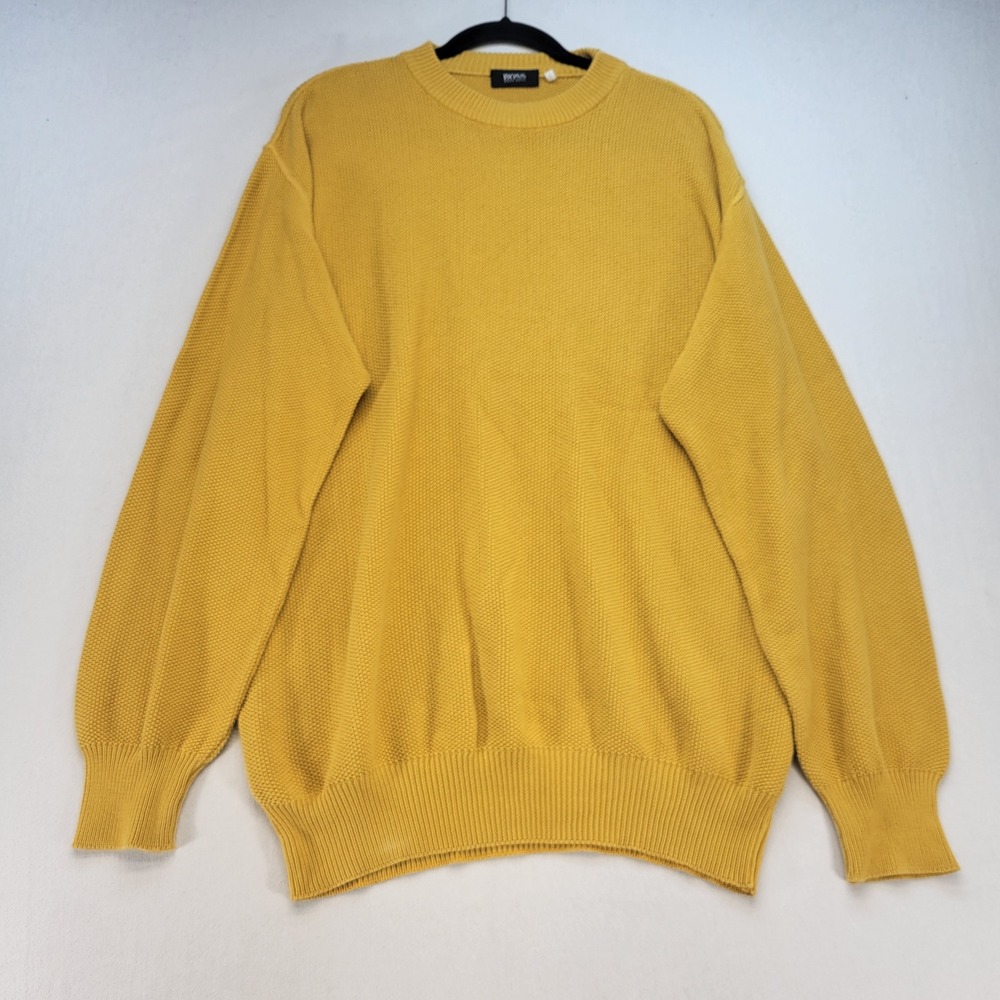 Hugo Boss Sweater Mens IT 50 Large Yellow Waffle Knit Crewneck Made in Italy